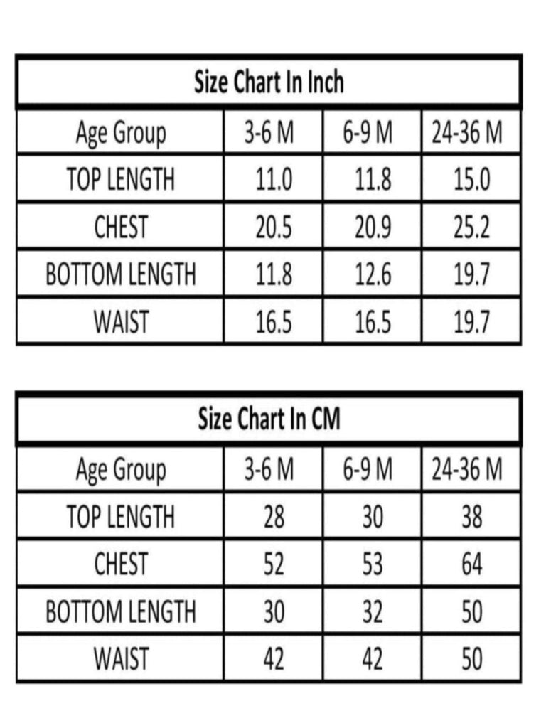 Size chart for baby clothing in centimeters, showing measurements for 3-6 months, 6-9 months, and 24-36 months age groups including top length, chest, bottom length, and waist.