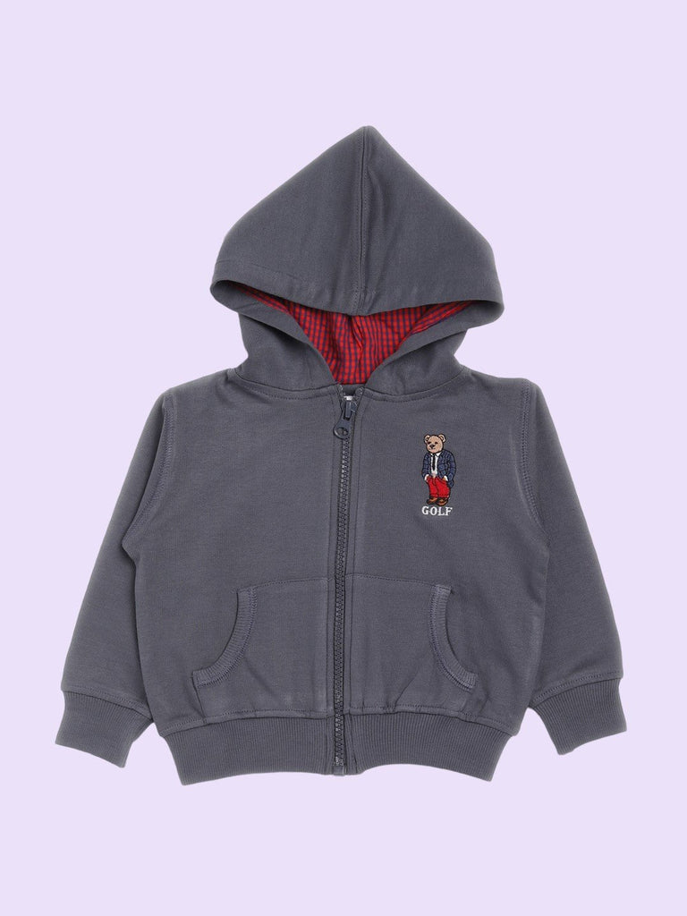 Front view of a grey hooded jacket with bear embroidery and zipper closure.