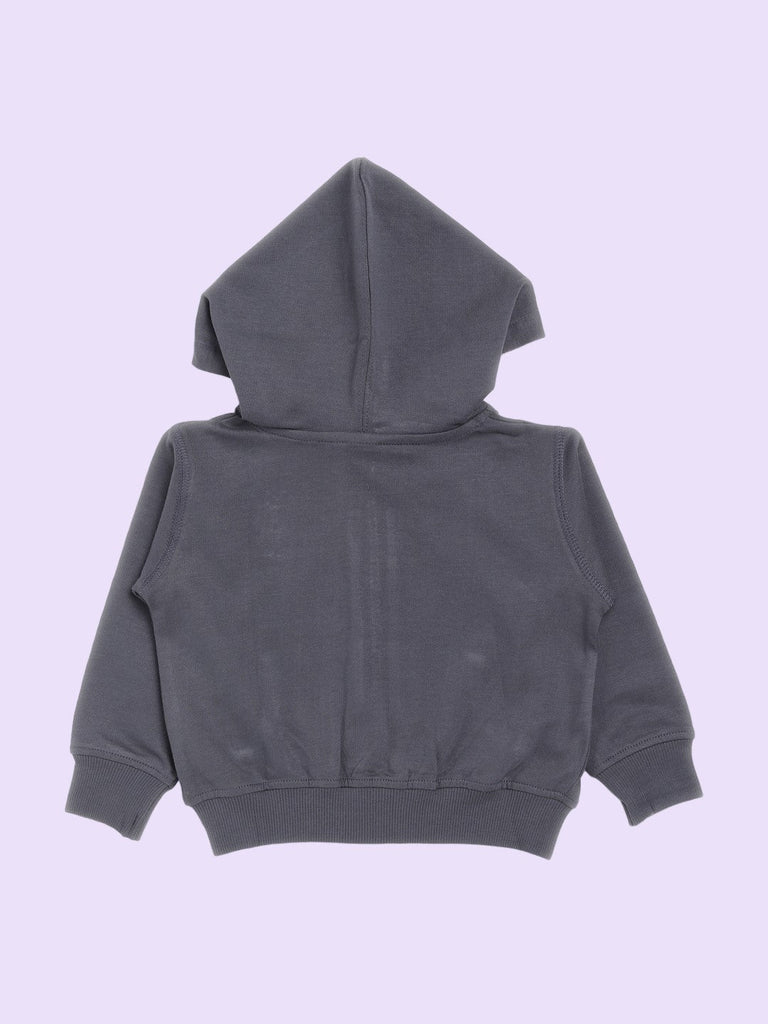 Back view of a grey hooded jacket showing a plain back design.