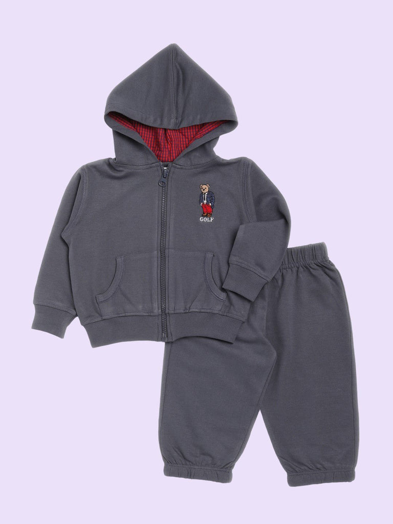 A grey hooded tracksuit set with bear embroidery on the front, including a jacket and pants.