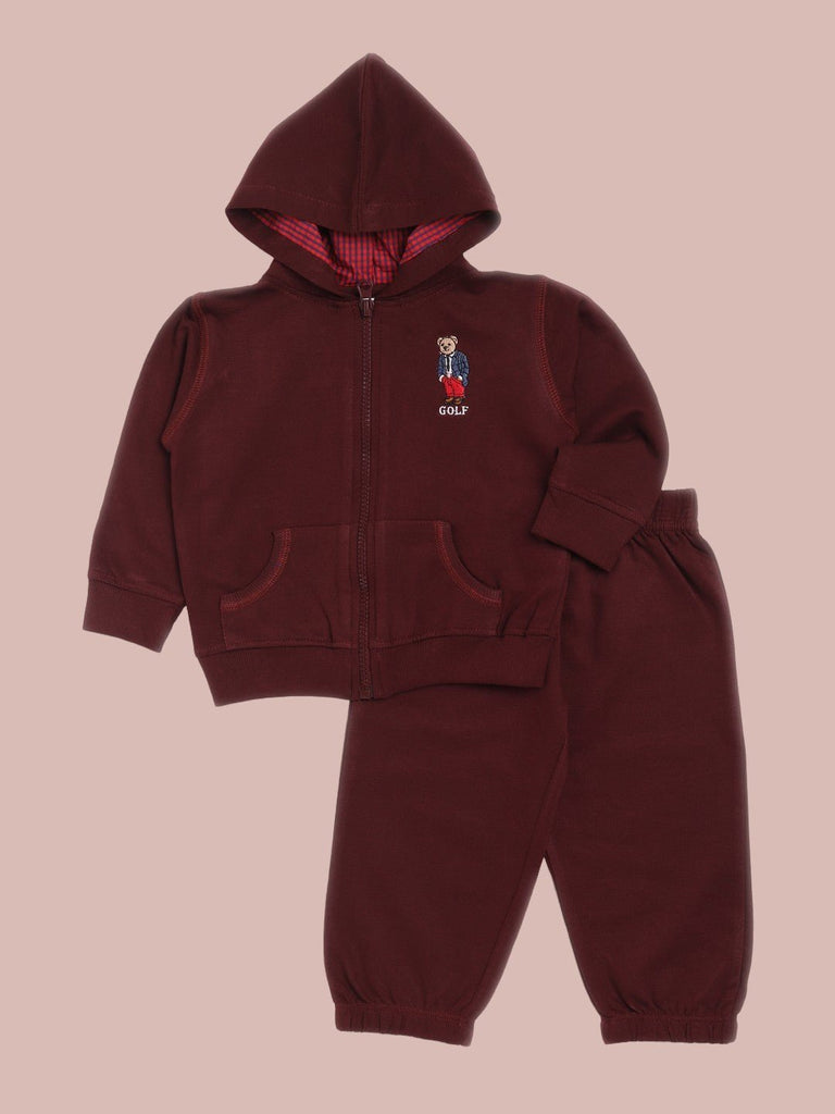 A maroon hooded tracksuit set with bear embroidery on the front, including a jacket and pants.