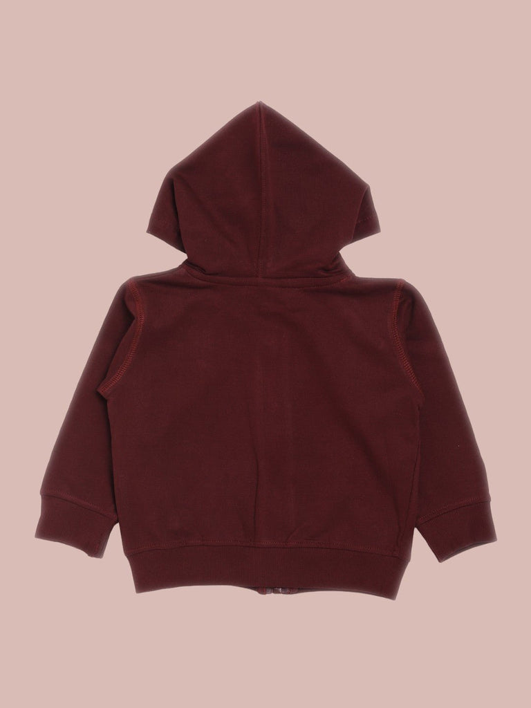 Back view of a maroon hooded jacket showing a plain back design.