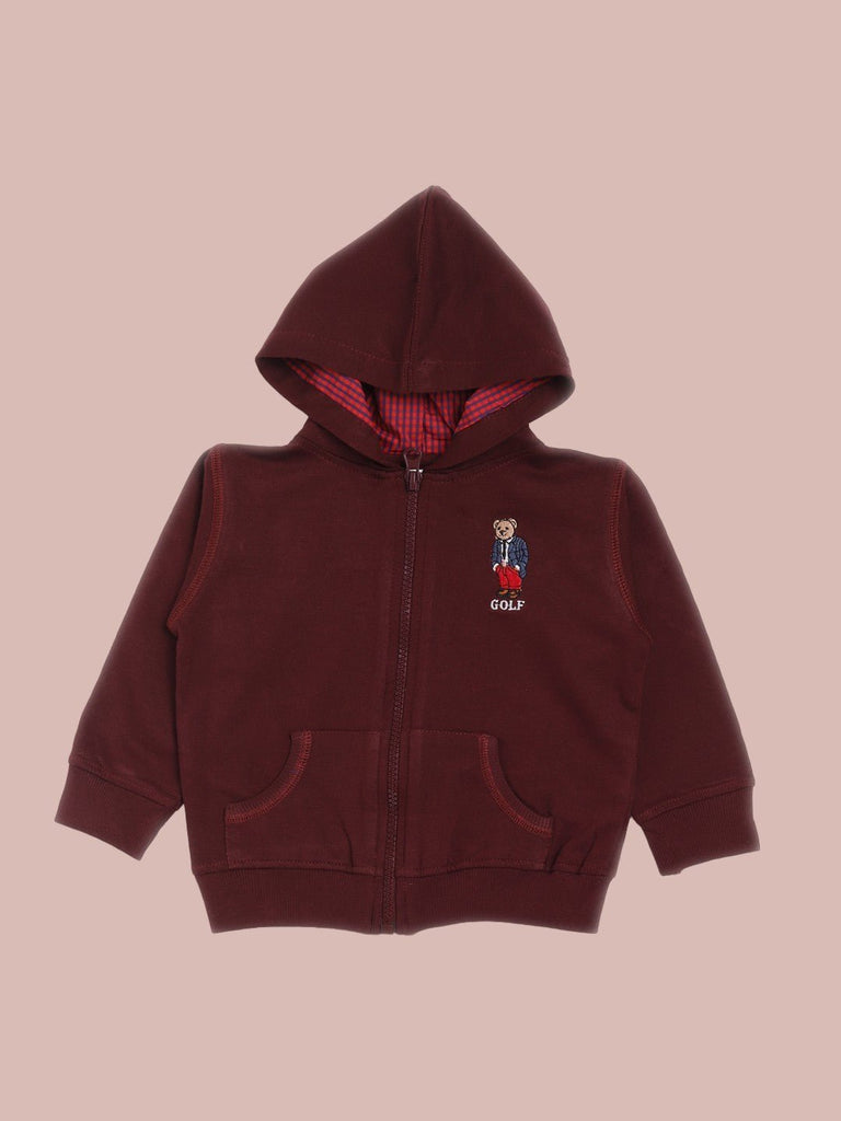 Front view of a maroon hooded jacket with bear embroidery and zipper closure.