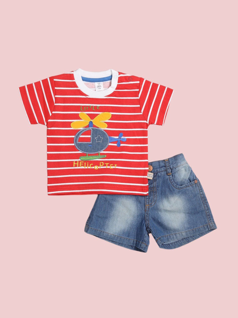 ToffyHouse Baby Boy Little Helicopter Striped T-Shirt and Denim Shorts Set