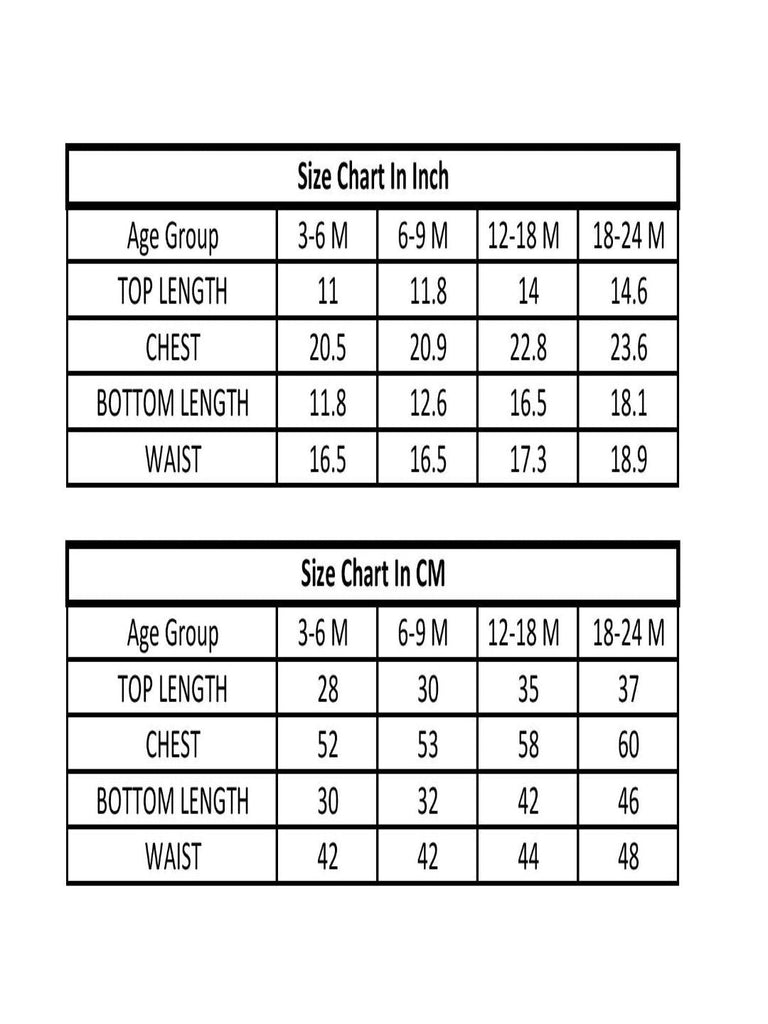 Size chart showing top length, chest, bottom length, and waist measurements in centimeters for baby clothes from 3-24 months.