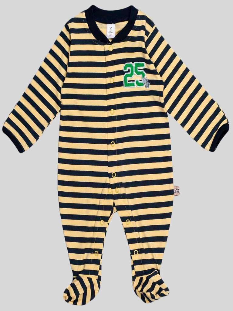 ToffyHouse Baby Boy Striped Full Sleeve Romper with '25' Patch - Yellow & Navy Front view