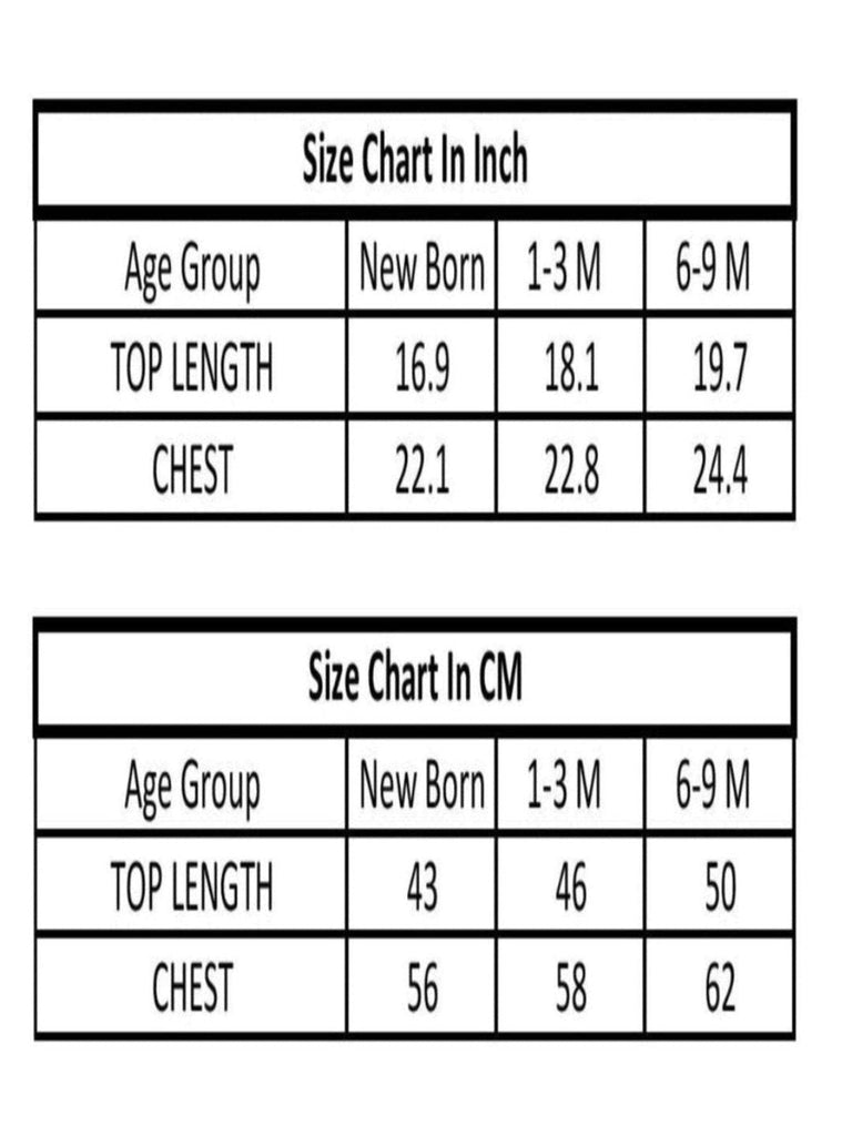 Size chart displaying top length and chest measurements for newborn to 6-9 months baby clothing, in centimeters.