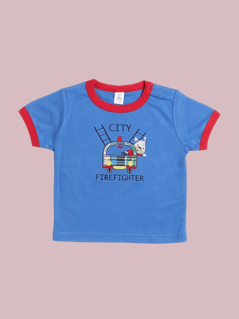 Toffyhouse Baby Boys Blue City Fire fighter TShirt  front view.