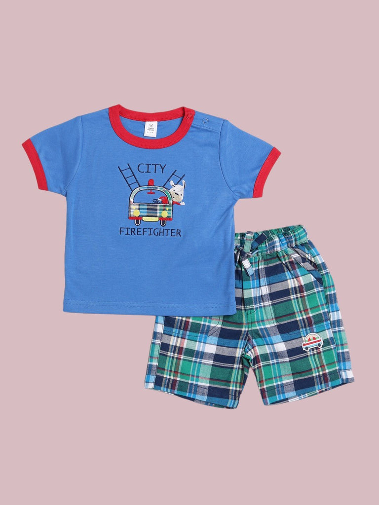 ToffyhouseBabyBoysBlueCityFirefighterTShirtandPlaidShortsSetfullview