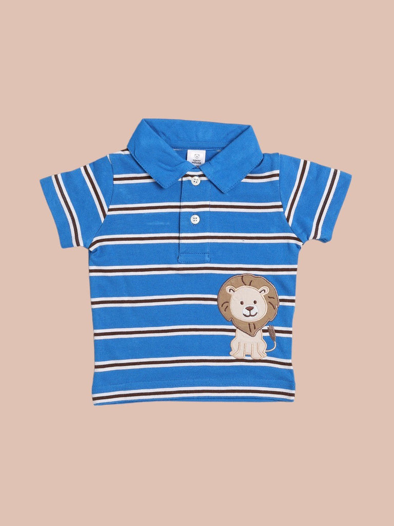 Toffyhouse_Baby_Boys_Blue_Striped_Polo_T-Shirt_with_Lion_Patch_front_view