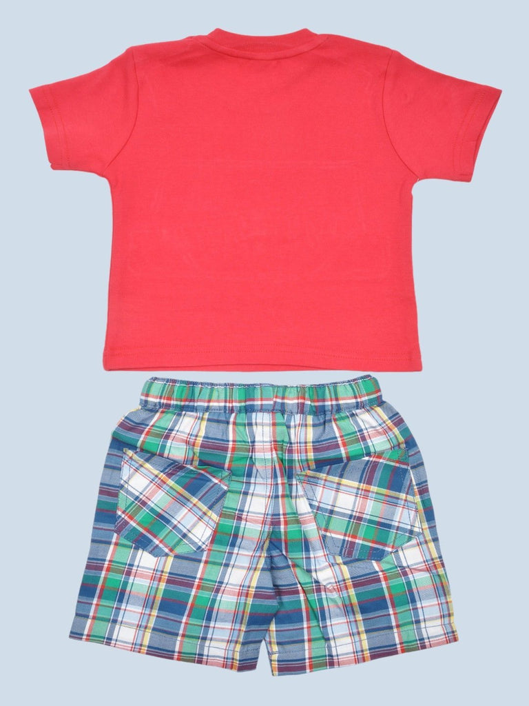 Toffyhouse baby boys' red fire truck T-shirt and plaid shorts set showing back view of the outfit