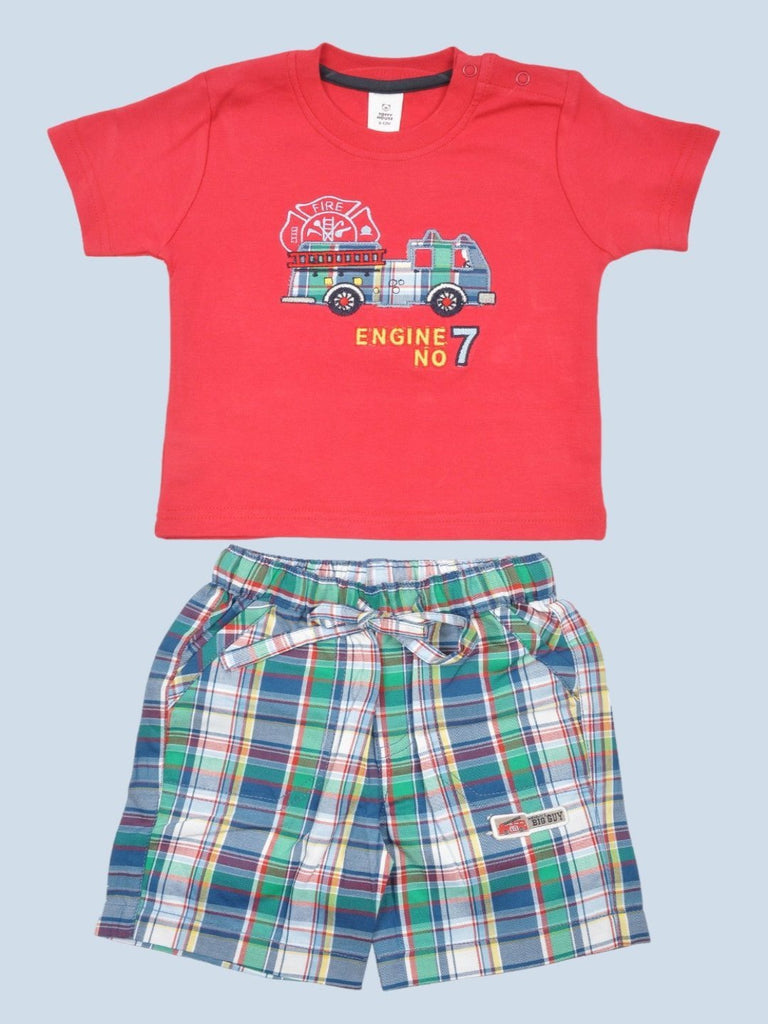 Front view of Toffyhouse baby boys' red fire truck T-shirt paired with plaid shorts set for boys aged 3-18 months