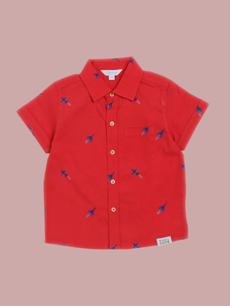 Front view of Toffyhouse baby boys' red Hawaiian print shirt with button closure and collar.