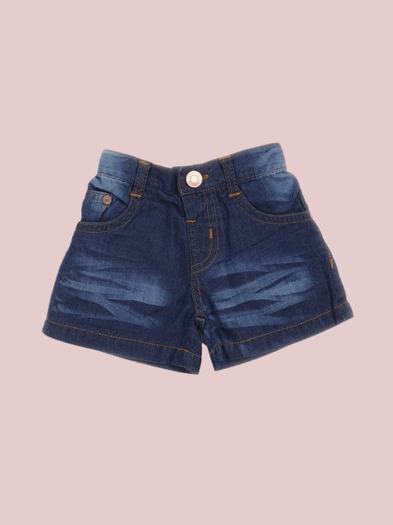 Front view of blue denim shorts for baby boys with button closure and front pockets.