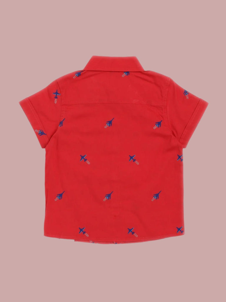 Back view of Toffyhouse baby boys' red Hawaiian print shirt with short sleeves.