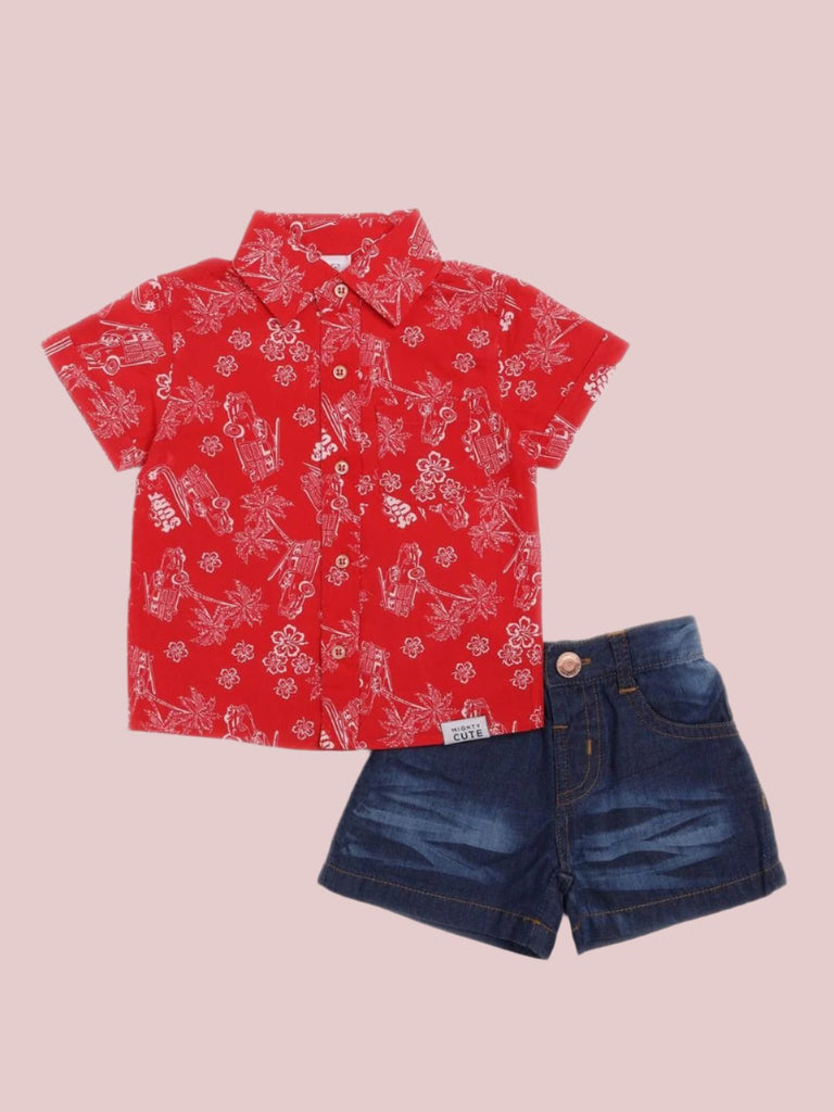 A complete outfit featuring a red Hawaiian print shirt and blue denim shorts for baby boys.