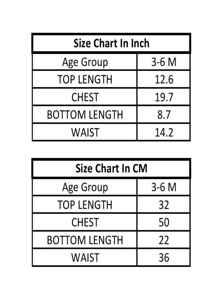 Size chart for ToffyHouse Baby Boys' outfit, showing top length 32 cm, chest 50 cm, bottom length 22 cm, and waist 36 cm for 3-6 month age group.