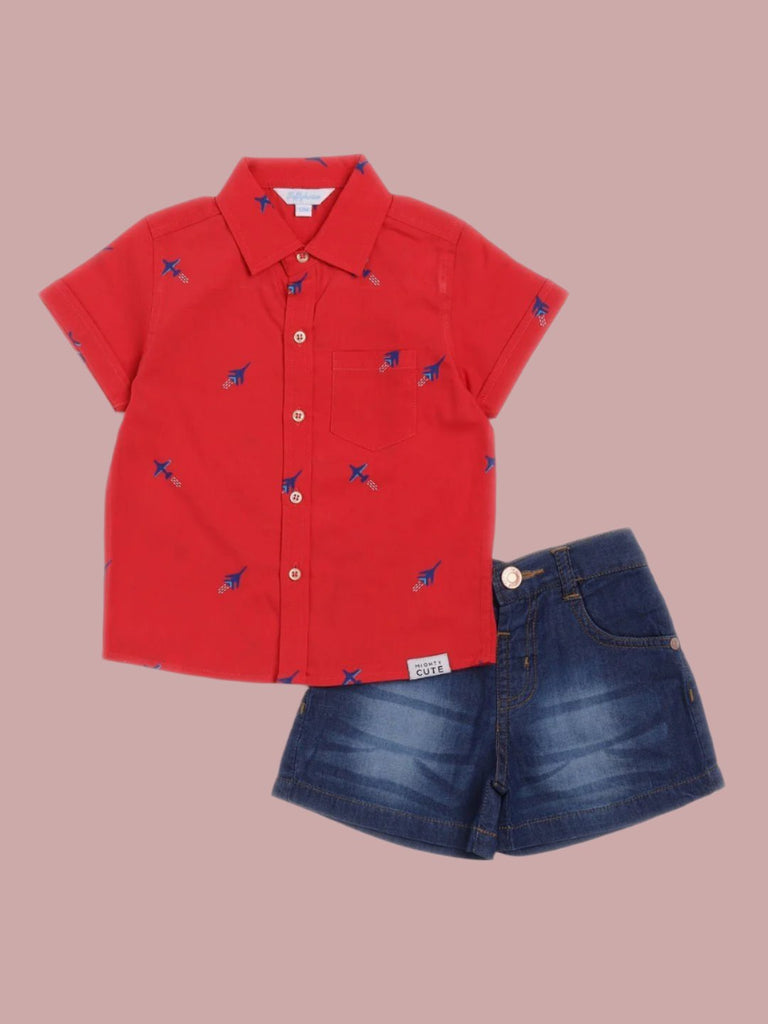 Full view of Toffyhouse baby boys' red Hawaiian print shirt paired with denim shorts.