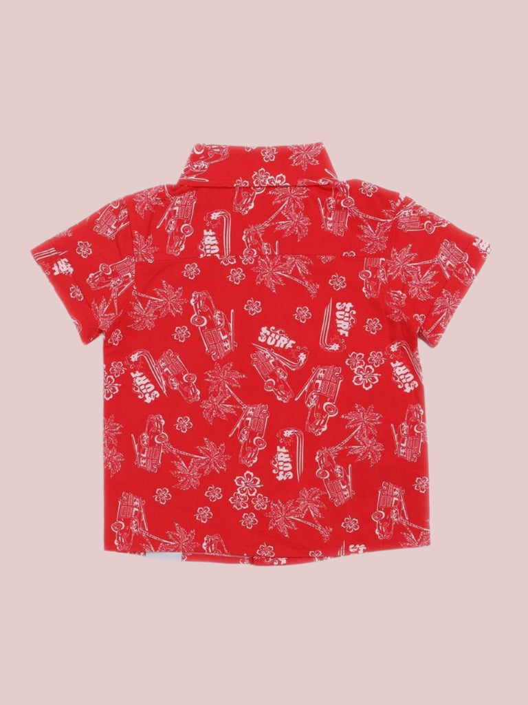 Back view of a red Hawaiian print shirt for baby boys with tropical-themed design.