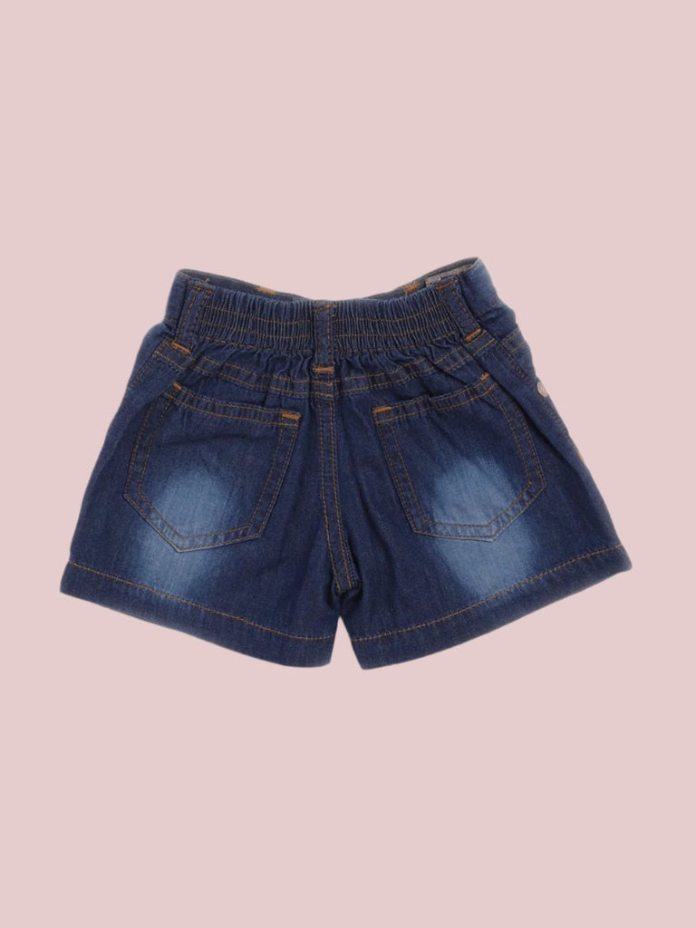 Back view of blue denim shorts for baby boys with two pockets.