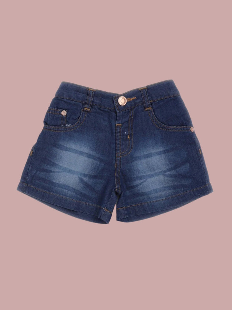 Front view of Toffyhouse baby boys' denim shorts with button closure and stylish faded design.