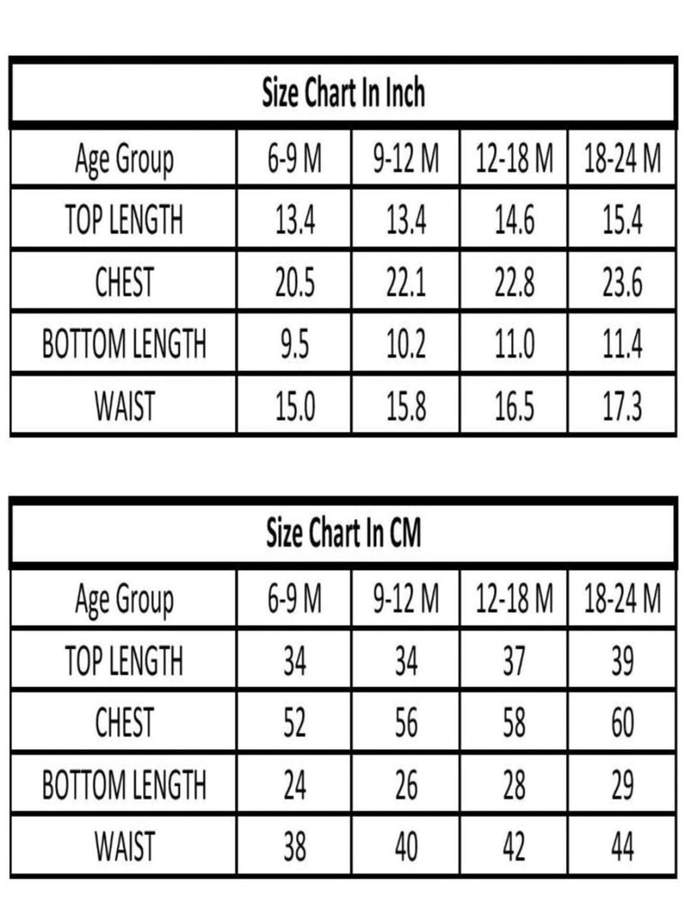 Baby outfit size chart in centimeters for age groups 6-9M, 9-12M, 12-18M, and 18-24M with top length, chest, bottom length, and waist measurements.