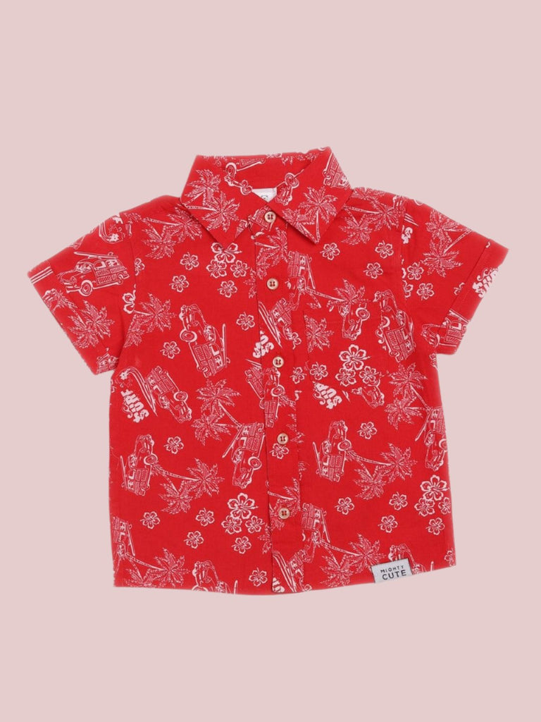 Front view of a red Hawaiian print shirt for baby boys with button closure and collar.