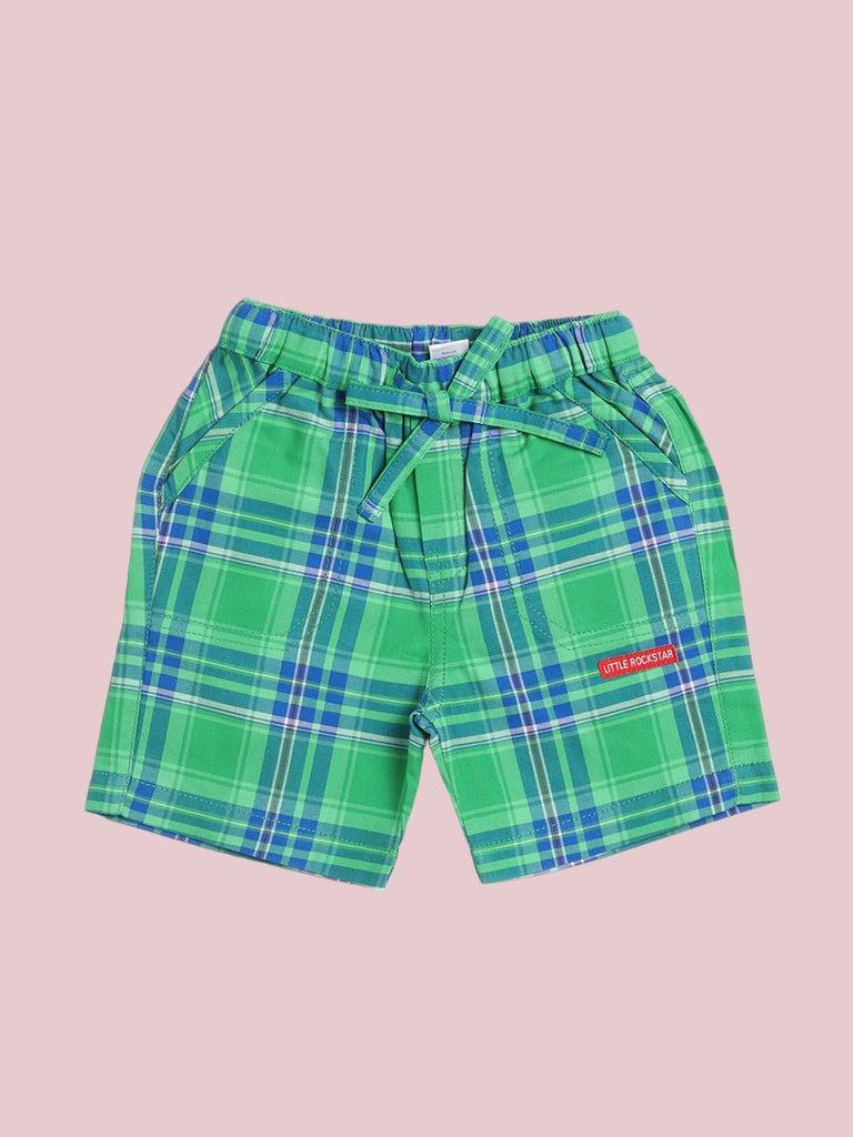 Front view of Toffyhouse Baby Boys' green plaid shorts