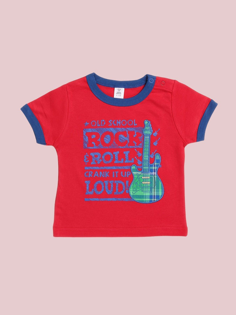 Front view of Toffyhouse Baby Boys' red 'Rock & Roll' t-shirt