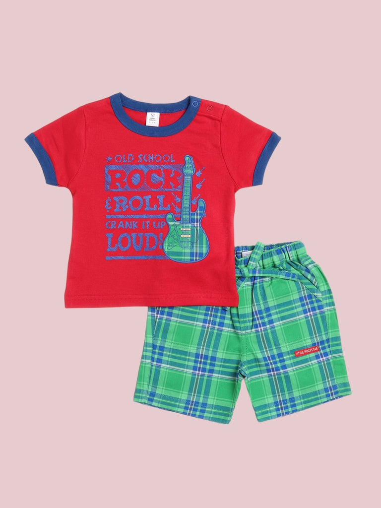 Full view of Toffyhouse Baby Boys' Red 'Rock & Roll' T-Shirt and Green Plaid Shorts Set.