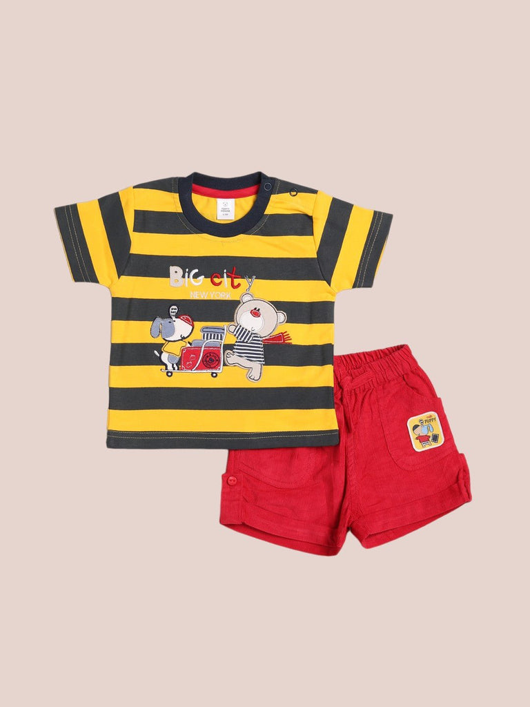 Toffyhouse Baby Boys Yellow and Black Striped T-Shirt and Red Shorts Set