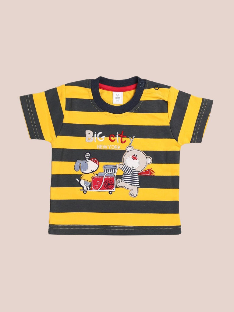 Toffyhouse Baby Boys Yellow and Black Striped T-Shirt Front View.