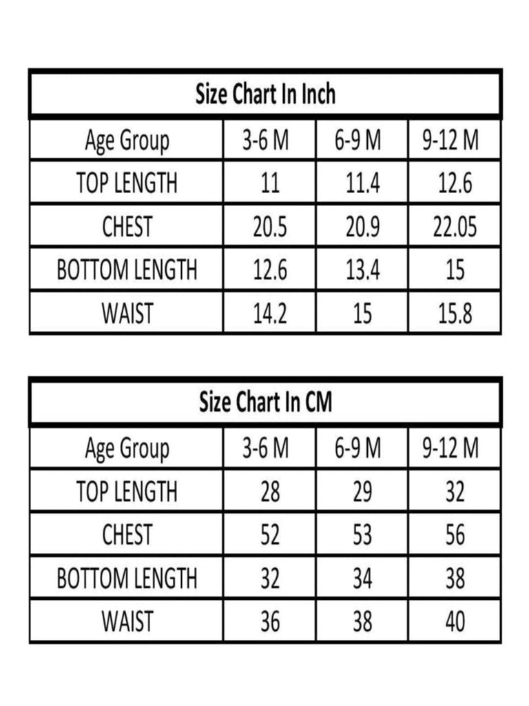 Baby pajama set size chart in centimeters for age groups 3-6 M, 6-9 M, and 9-12 M, displaying top length, chest, bottom length, and waist measurements.