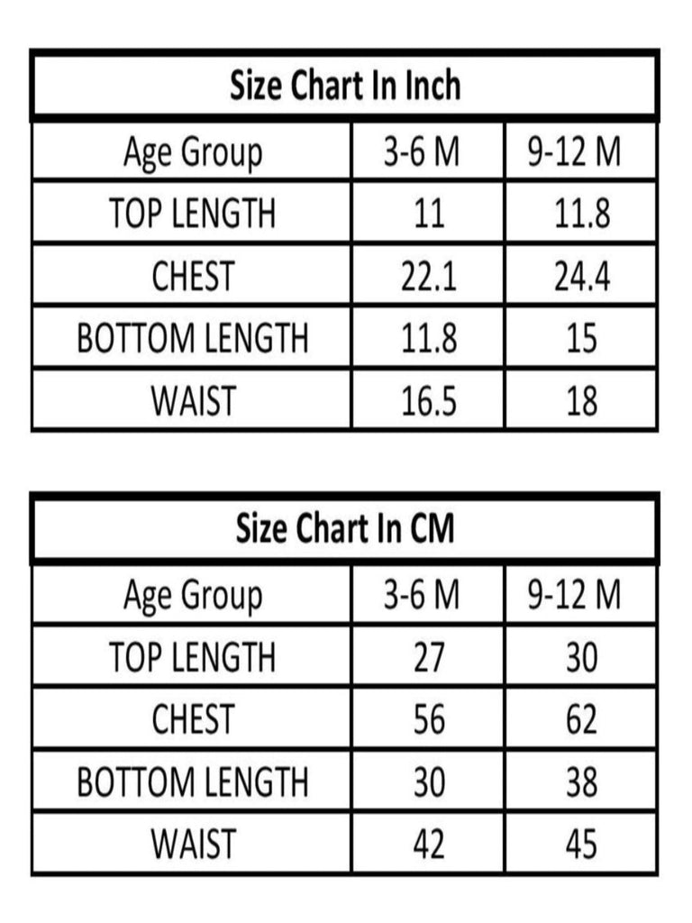 Size chart showing measurements in centimeters for baby tracksuits for 3-6 months and 9-12 months, including top length