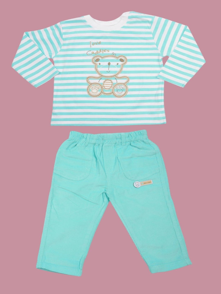 Mint green & white striped t-shirt with bear embroidery paired with mint green pants for babies.