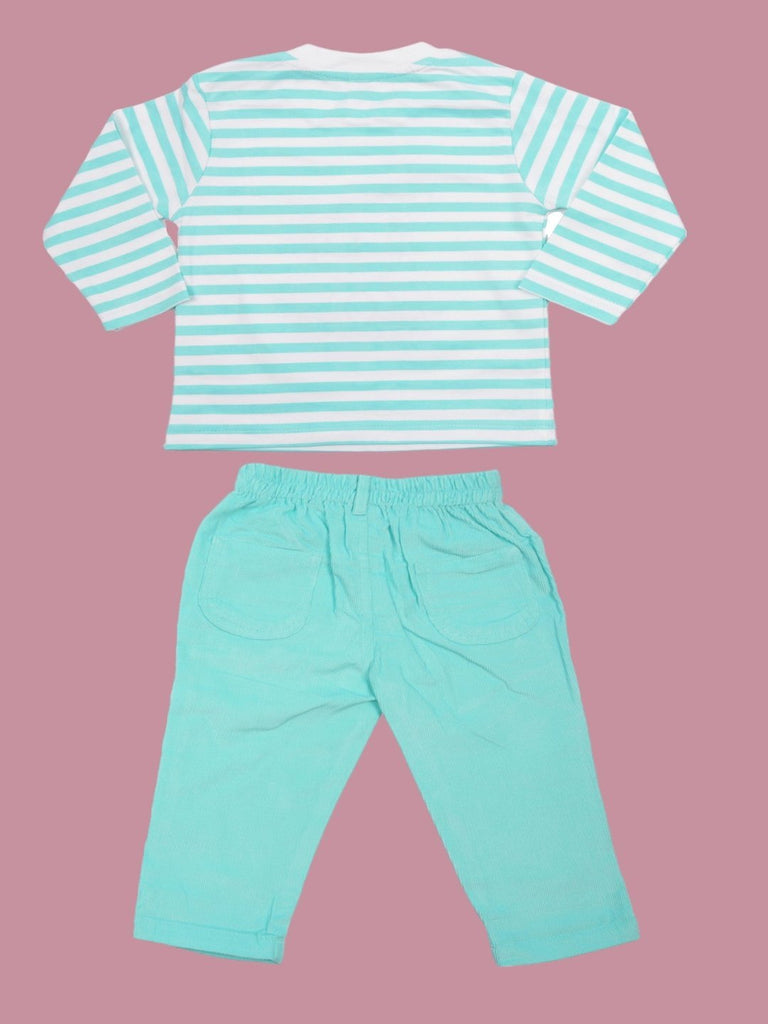  Back view of mint green & white striped t-shirt and matching mint green pants for babies.