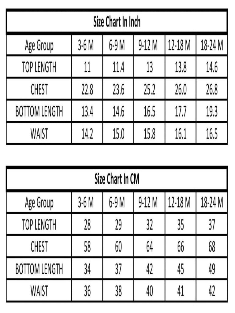 Size chart for the ToffyHouse Baby Bear Embroidered Striped T-Shirt and Pants Set showing measurements for 3-24 months.