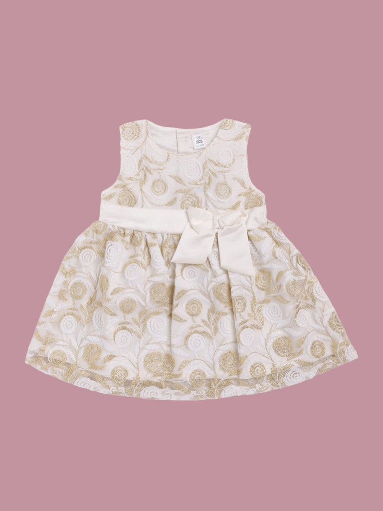 Front view of Toffyhouse baby girl white and gold sleeveless floral dress with satin bow.