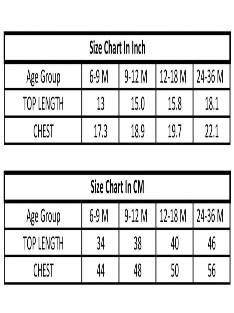 Baby girls' dress size chart in centimeters for age groups from 6-9 months to 24-36 months, showing top length and chest measurements.