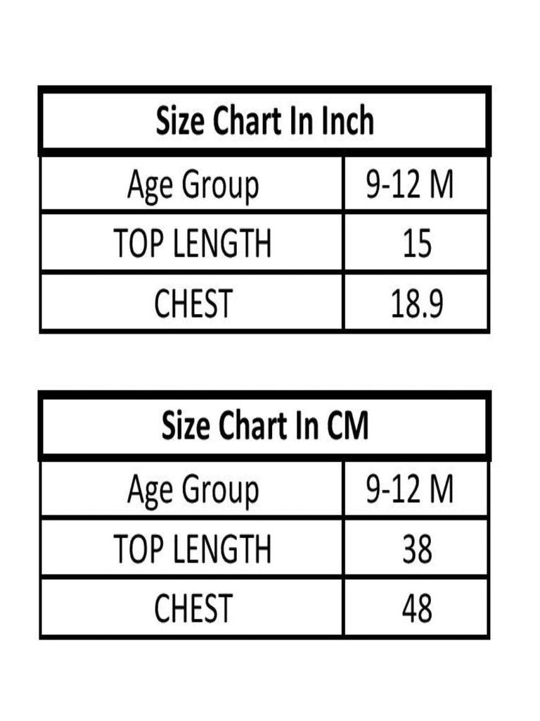 Size chart showing measurements for a baby outfit in the 9-12 months age group with a top length 