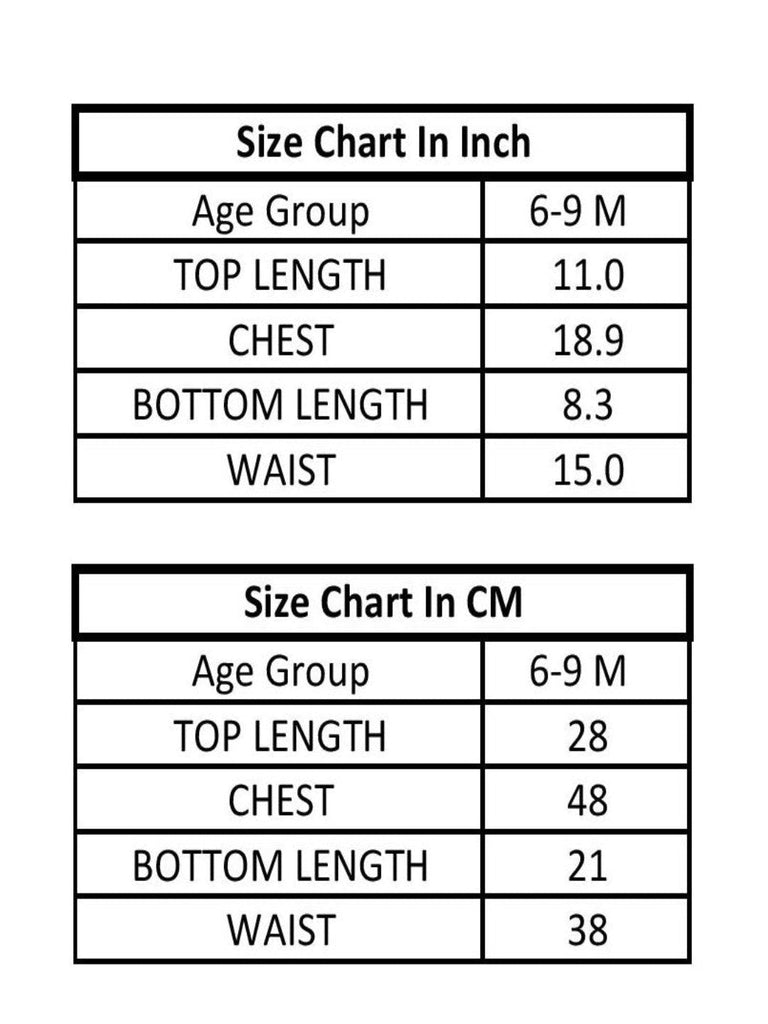 size guide for mint coloured casual set for baby girl