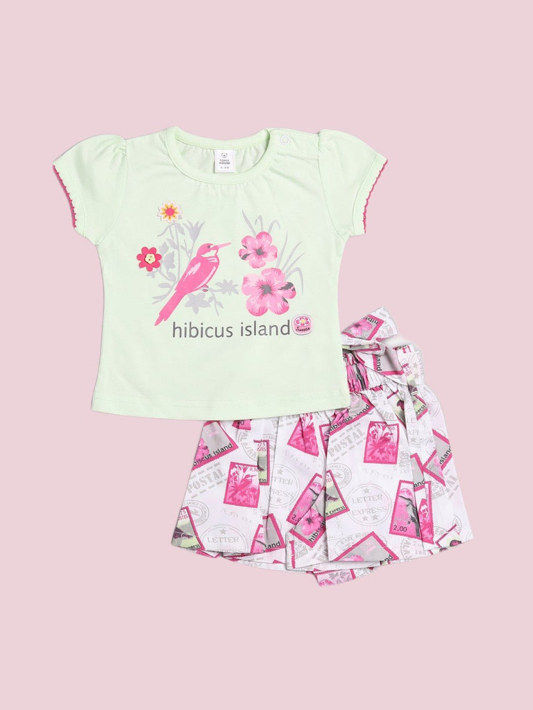 Full view of Toffyhouse baby girls’ mint green T-shirt and stamp print skirt set.