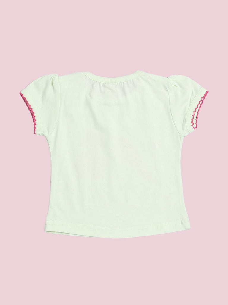 Back view of the mint green T-shirt from Toffyhouse baby girls' ‘Hibiscus Island’ skirt .