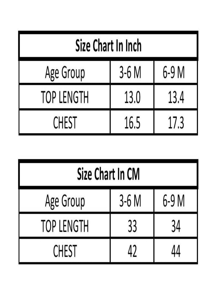 Size chart showing measurements for 3-6 months and 6-9 months. 