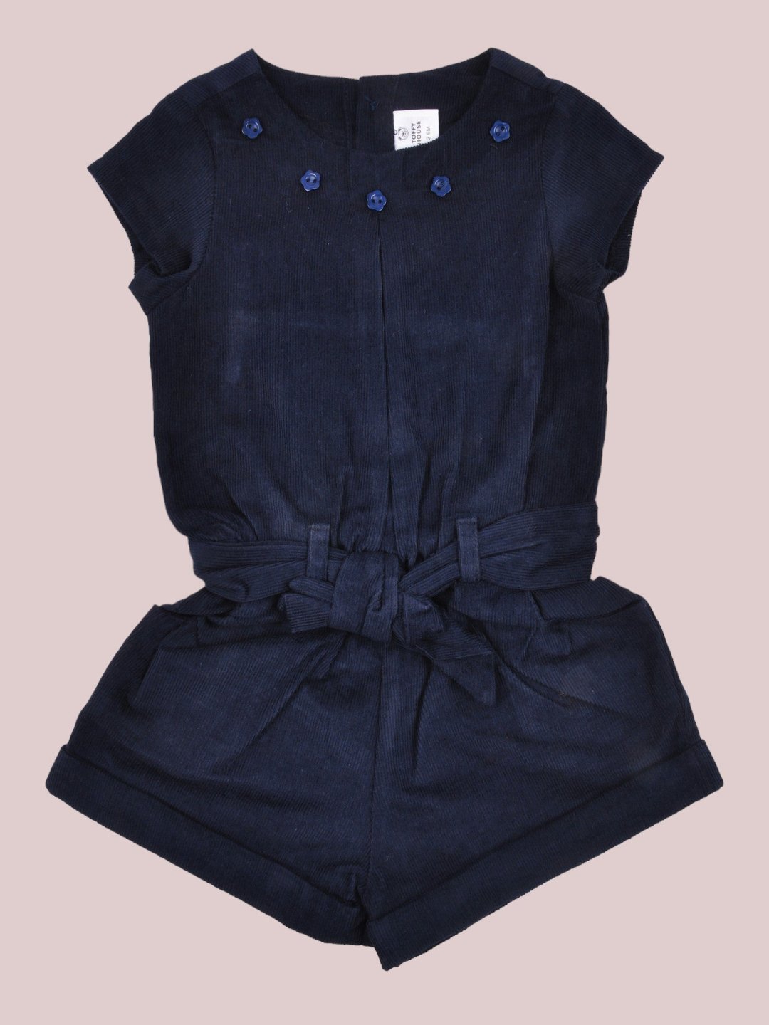 Baby Girls Navy Blue Corduroy Romper Button Bow Details