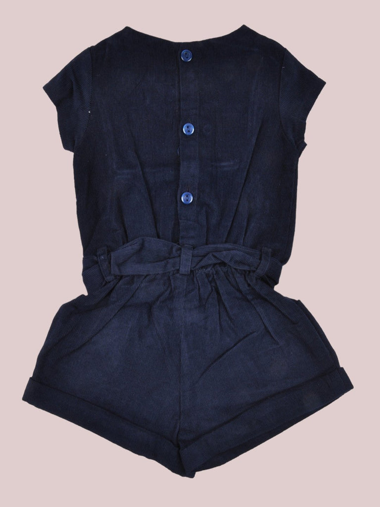 Back view of the ToffyHouse Baby Girls' Navy Blue Corduroy Romper showing button details