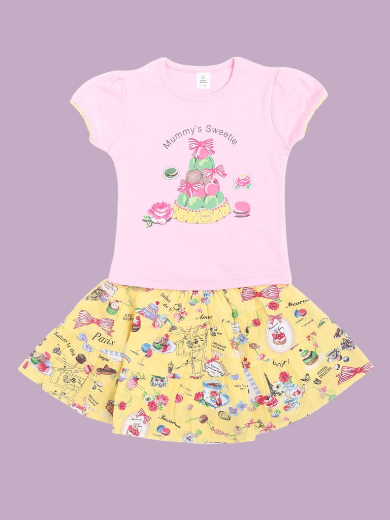 ToffyhouseBabyGirls_Pink_Mummy_sSweetie_T-ShirtandYellowParisPrintSkirtSetfullview