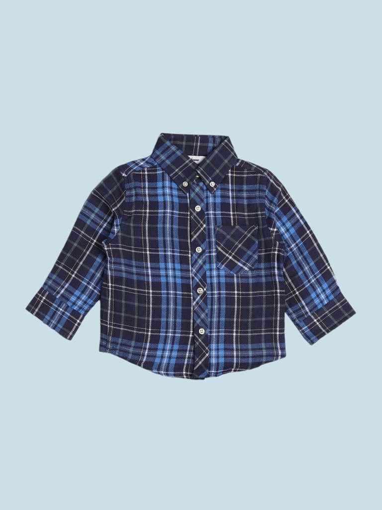 Front view of ToffyHouse Baby Plaid Shirt in Navy with button details