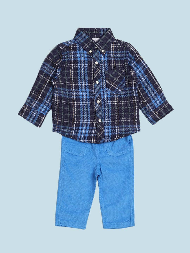 Full view of ToffyHouse Baby Plaid Shirt and Blue Pants Set in Navy and Blue