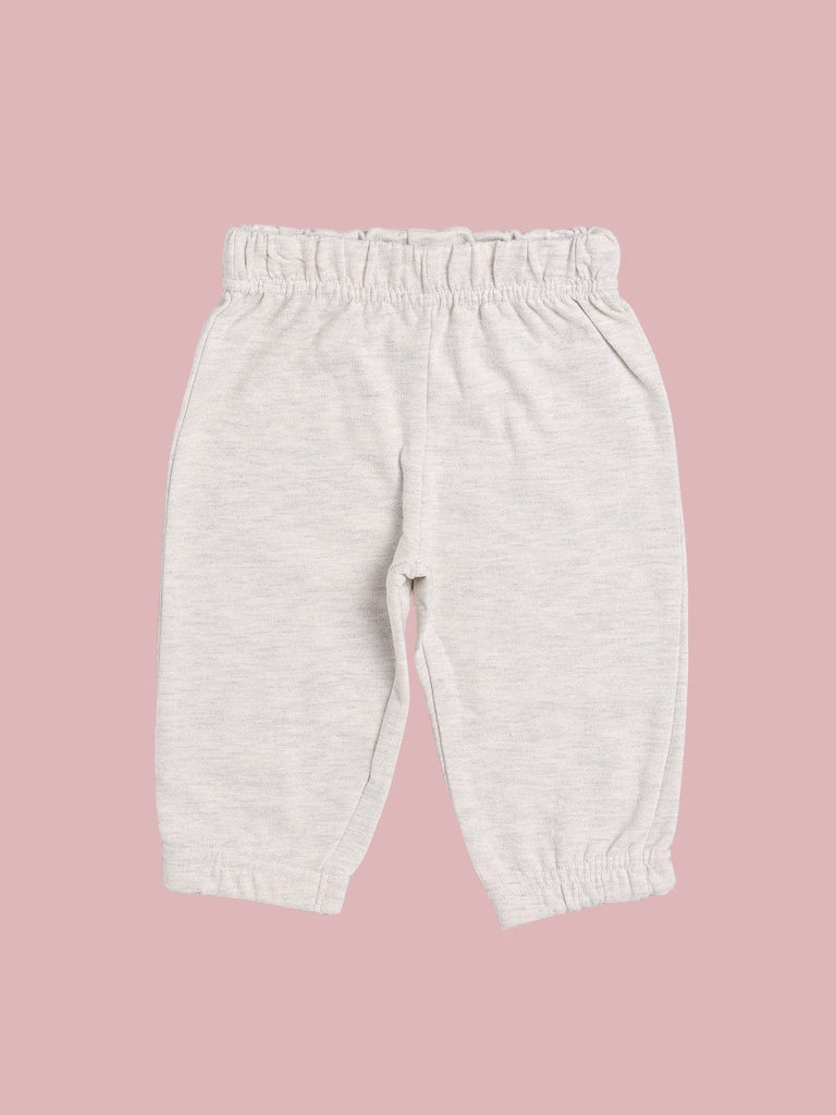 Grey jogger pants with an elastic waistband for babies.